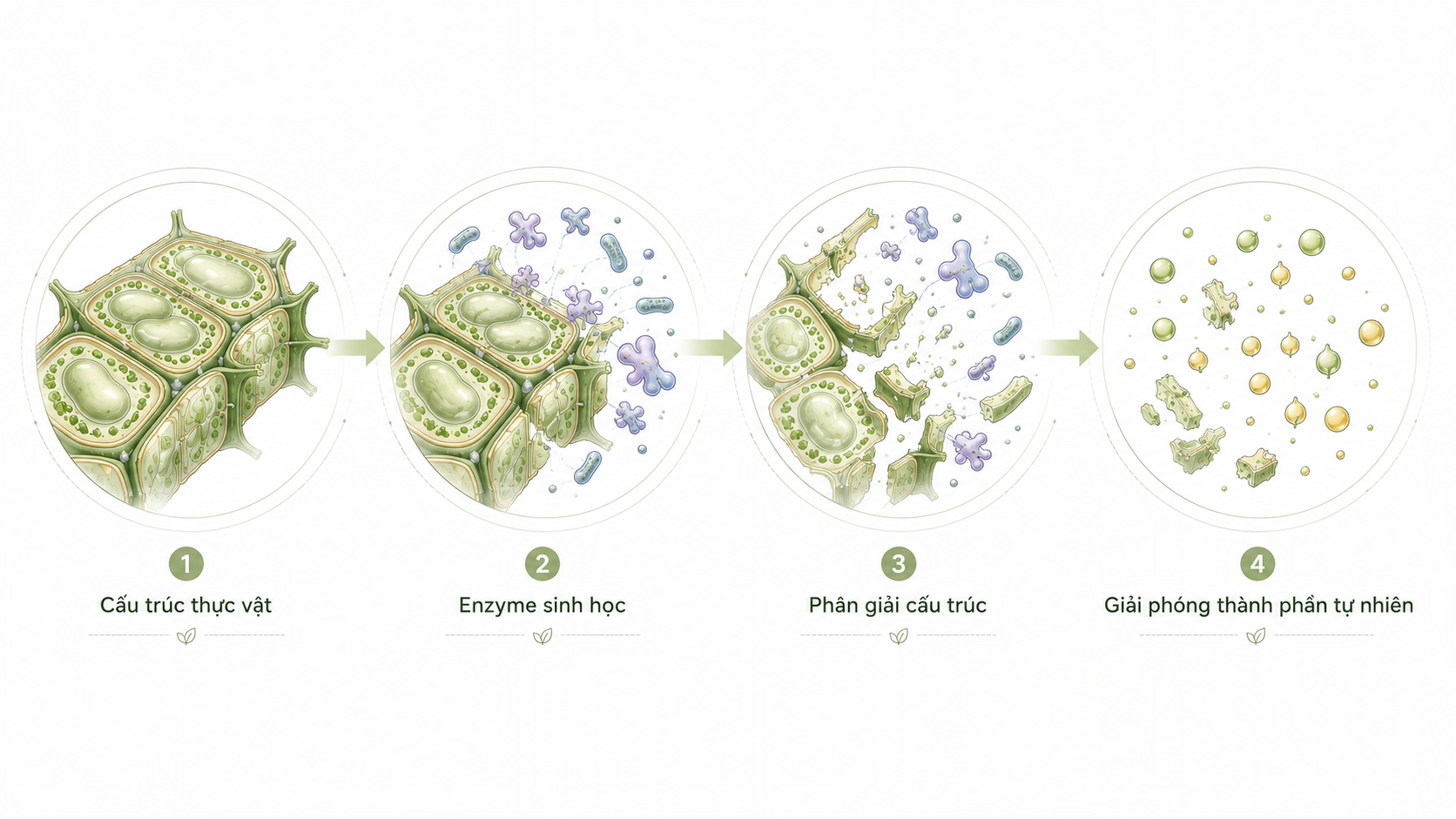 Sơ đồ minh họa enzyme sinh học hỗ trợ phân giải cấu trúc tế bào thực vật và giải phóng thành phần tự nhiên