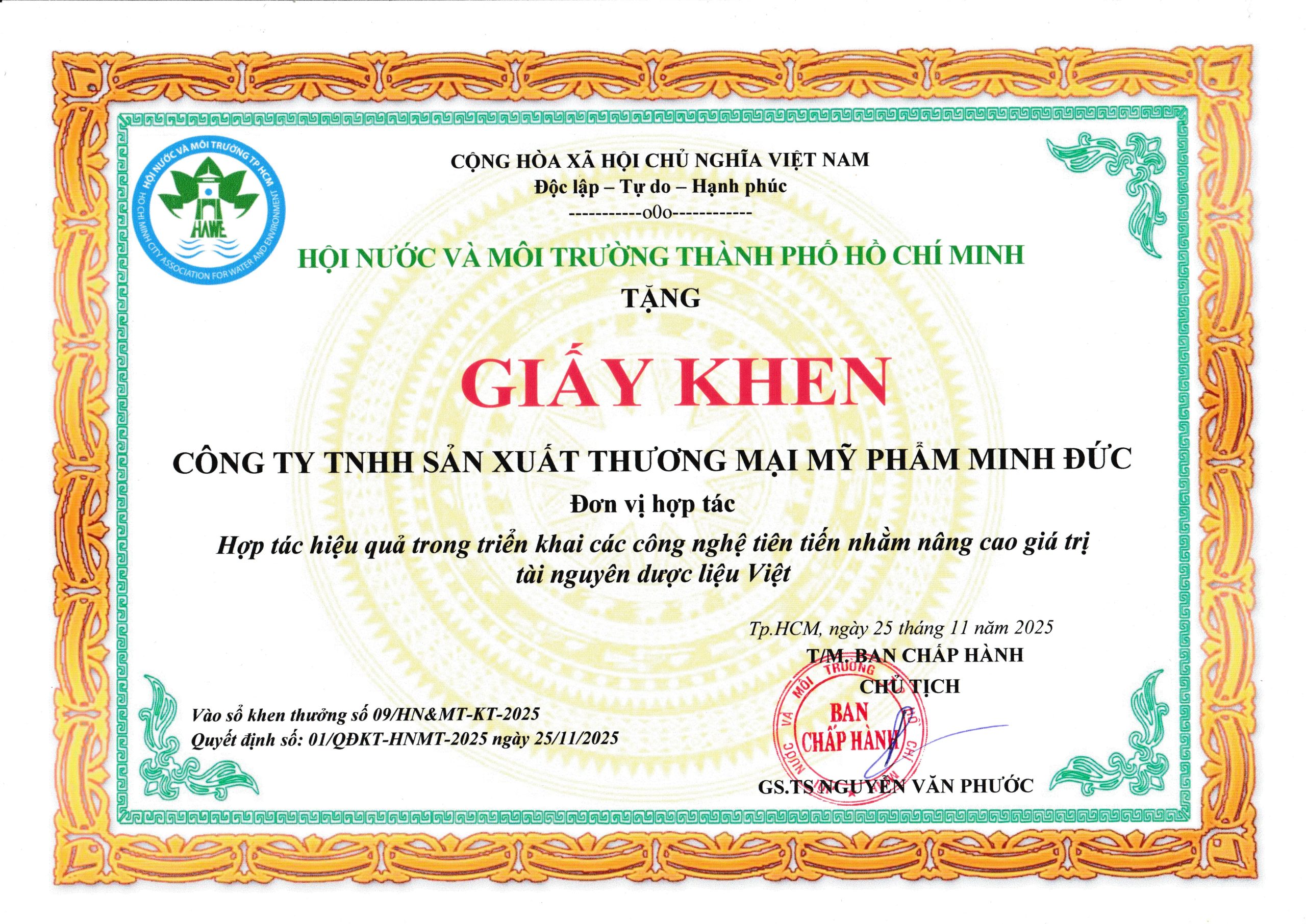 Giấy khen vinh danh từ Liên hiệp các Hội Khoa học & Kỹ thuật TP.HCM